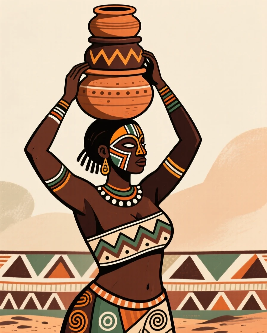 A woman balancing a tower of clay pots on her head.