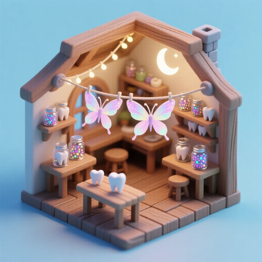 A tooth fairy's workshop filled with jars of glittering teeth, tiny wings drying on a clothesline strung with moonbeams.