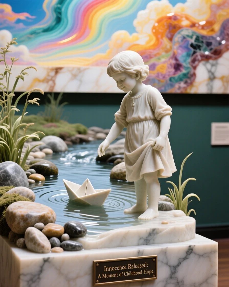 An evocative depiction of a child releasing a paper boat into a stream, under a brilliant, colorful sky, balancing detail with emotional depth