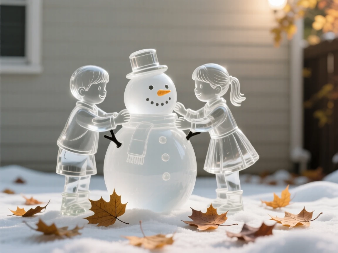 Children building a snowman together in a quiet front yard as autumn leaves drift slowly to the ground