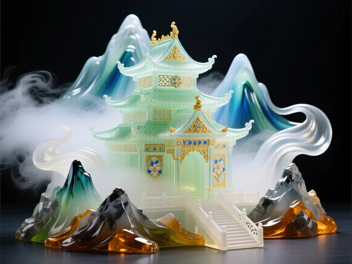 A grand mountain temple wrapped in swirling morning mist, mystical and serene.