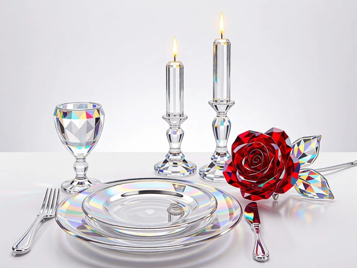 A romantic Valentine's dinner table set with candles and a single red rose.
