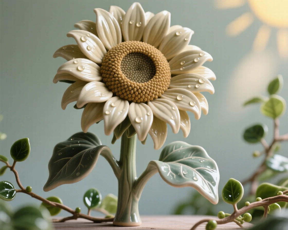 A towering sunflower turned toward the sun framed by soft surrounding greenery, with dew glistening on each petal, capturing a fleeting, delicate moment in bloom.