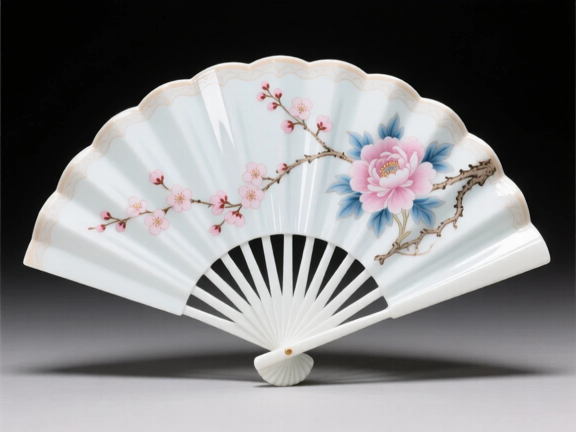 An elegant hand-painted fan spread open, catching glints of light from every angle.
