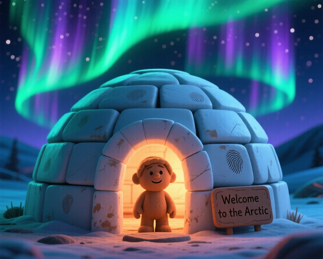 A traditional Inuit igloo glowing softly under the northern lights