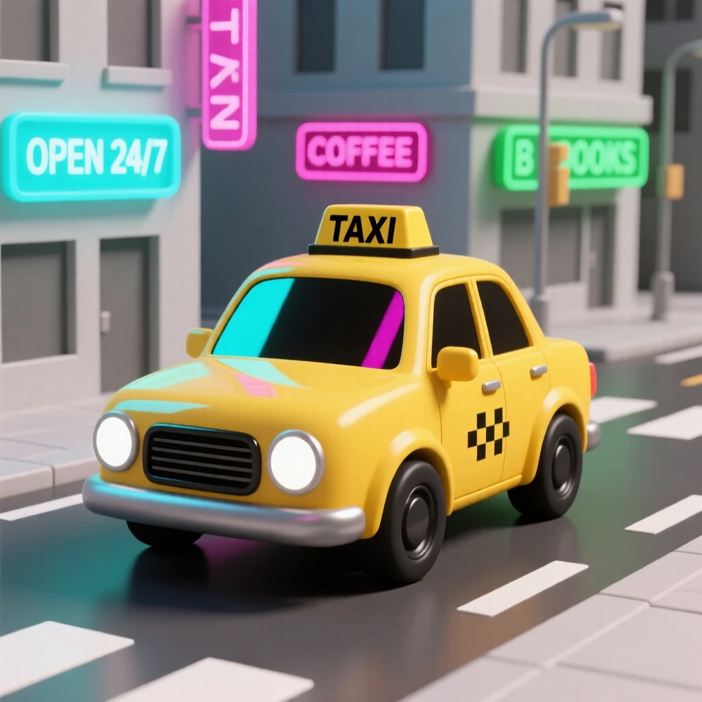 A cheerful yellow taxi navigates a busy city intersection, neon signs reflecting off its polished hood.