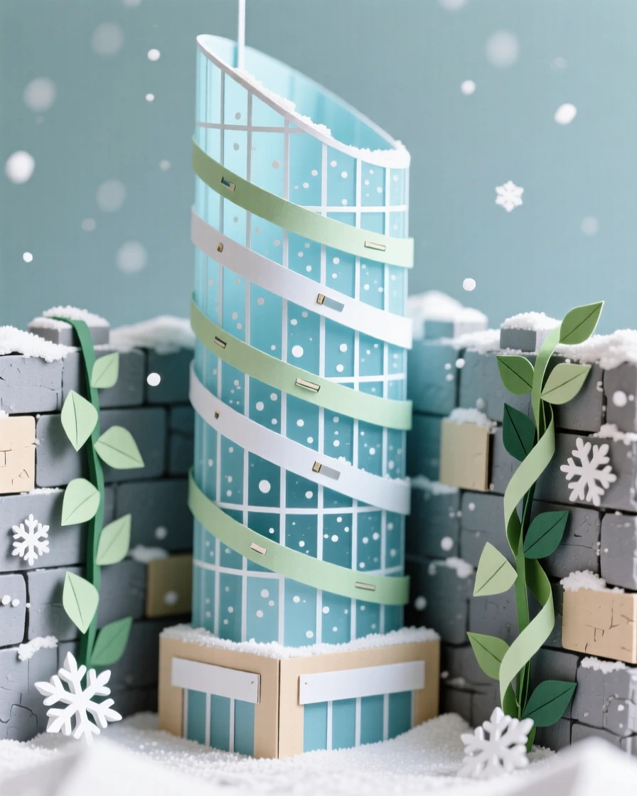 A futuristic curved glass skyscraper dusted with a light layer of fresh snow, with ivy climbing along weathered stone walls, evoking quiet historic charm.