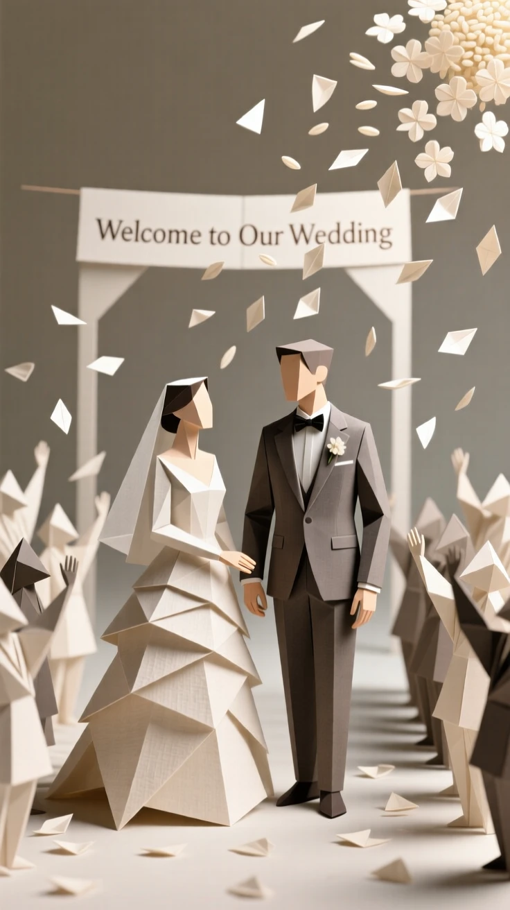 A wedding celebration scene with rice or petals being thrown as the couple walks through cheering guests.