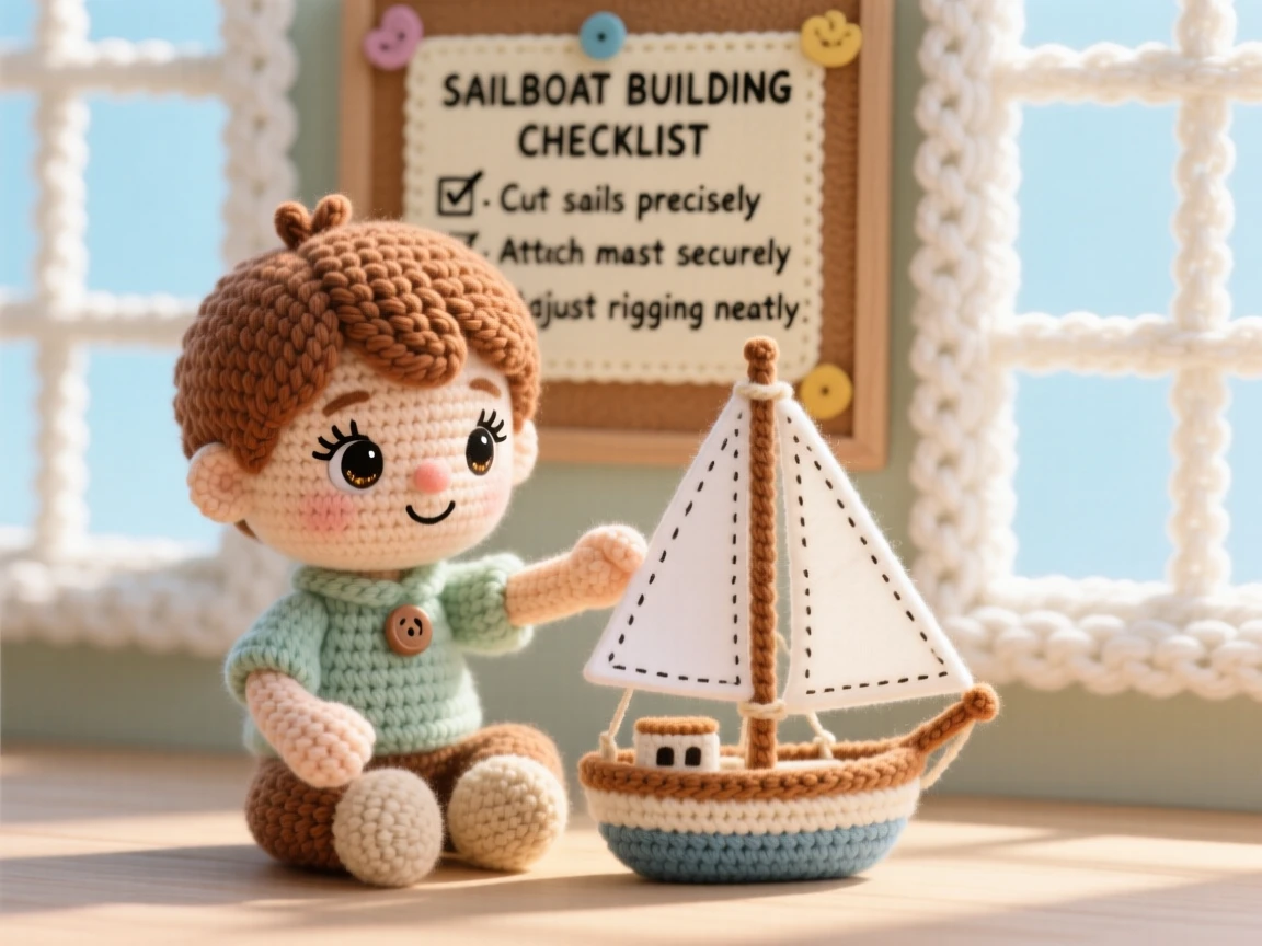 a small boy building a sailboat model, with careful, tiny details, adjusting a small paper sail, in a sunlit studio with large windows, with a cheerful checklist pinned to a board, radiating focused determination and quiet pride.