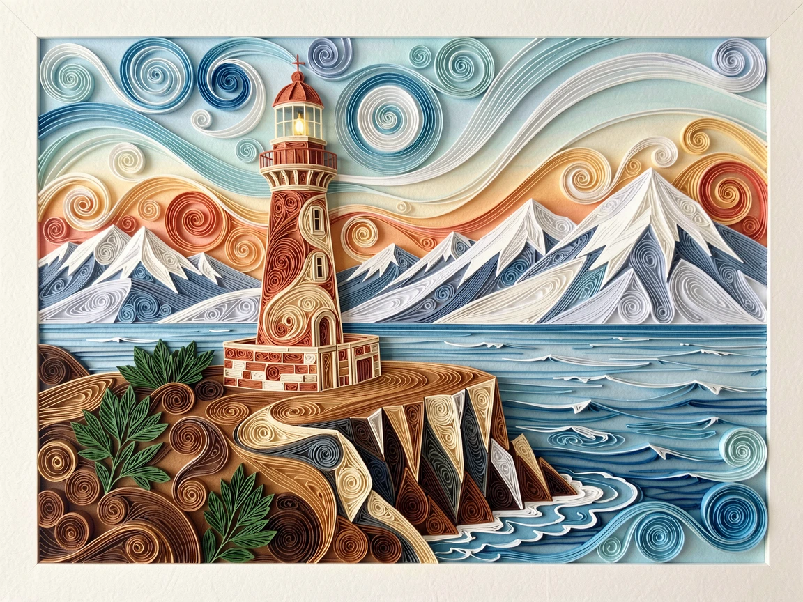 A breathtaking view of a lighthouse standing on a rugged coastal cliff framed by distant snow-capped mountains, in warm terracotta and cream architectural tones, captured from a sweeping elevated viewpoint.
