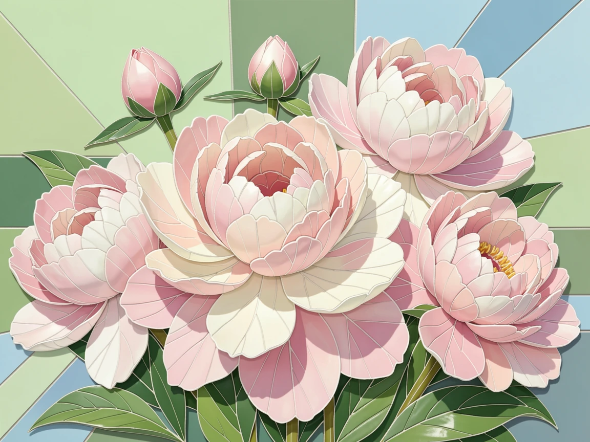 A close-up macro view of a peony garden bursting with soft pink and white blooms, showing intricate petal texture and delicate detail.