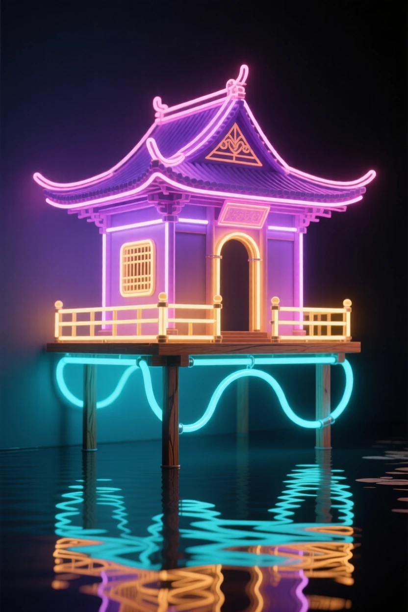 A floating temple built on stilts above a calm lake.