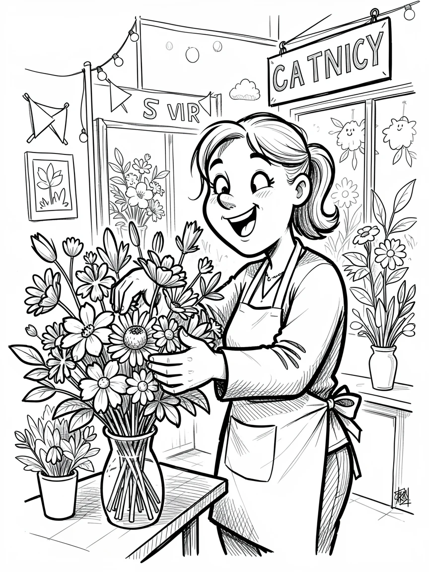 A florist arranging a bouquet in a shop in a community art fair.