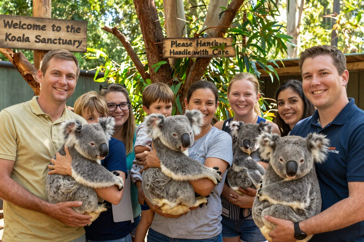 A koala sanctuary with visitors cuddling rescued animals