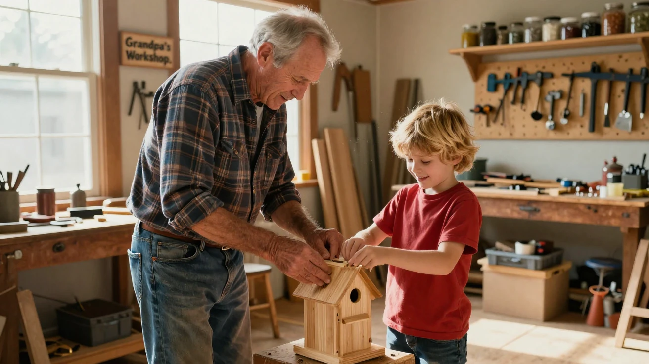 A retired carpenter builds a birdhouse with his grandson in a sunlit workshop.