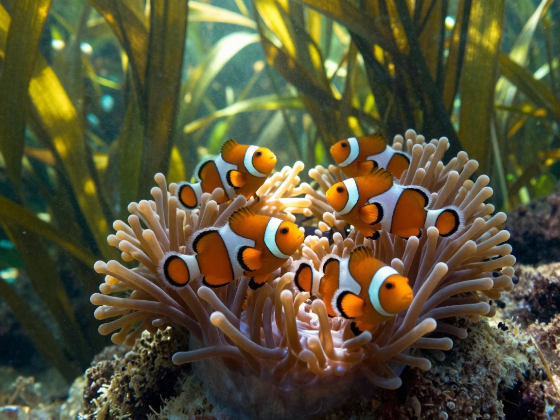 A colony of clownfish nestled in anemones exploring in the dappled light of a kelp forest