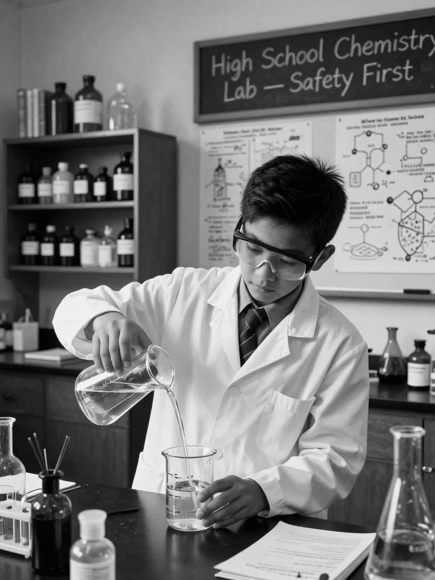 A student conducts an experiment in a chemistry lab in a school chemistry lab.