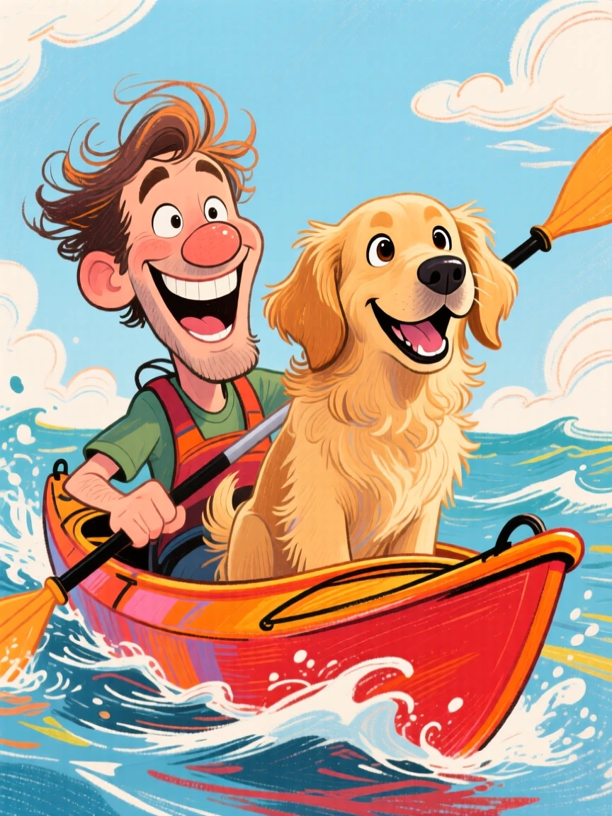 A man kayaking with his golden retriever perched proudly at the bow.