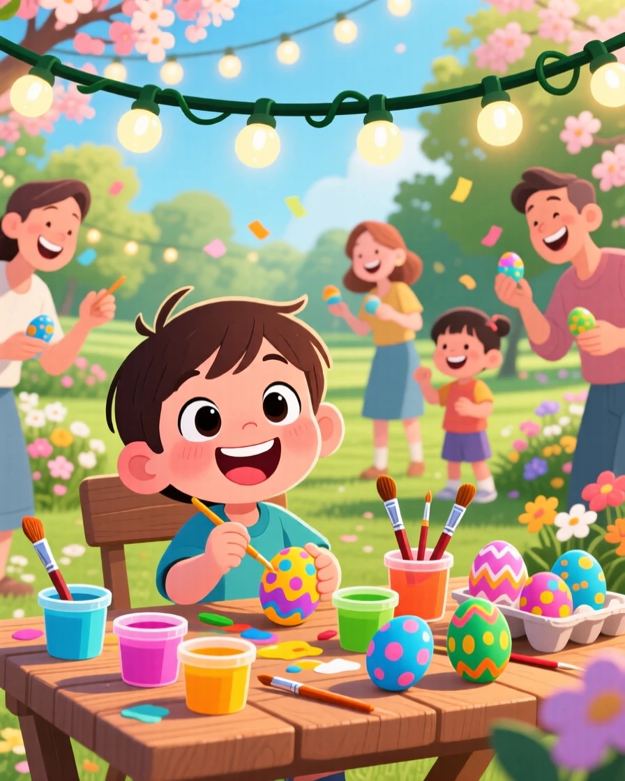 A festive celebration scene of a small child decorating eggs together at a spring gathering, with twinkling string lights strung overhead.