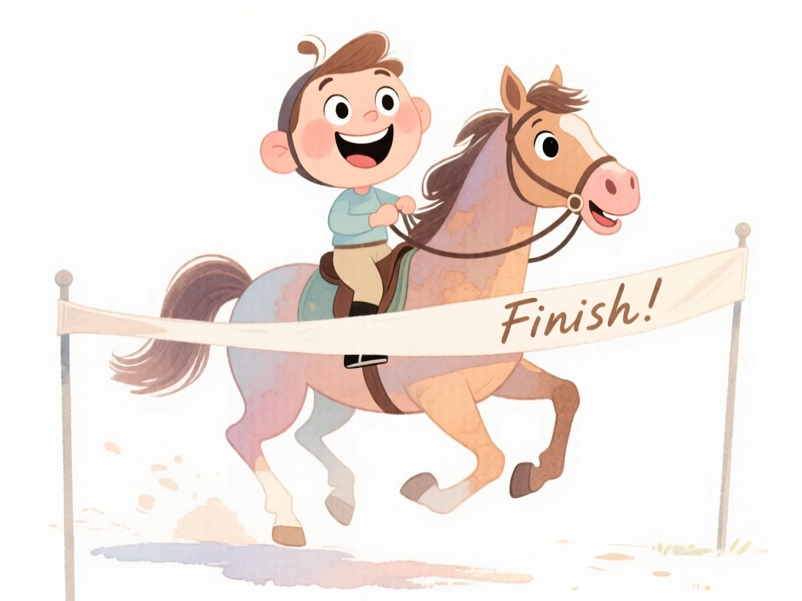 A horseback rider crossing the finish line with a joyful smile