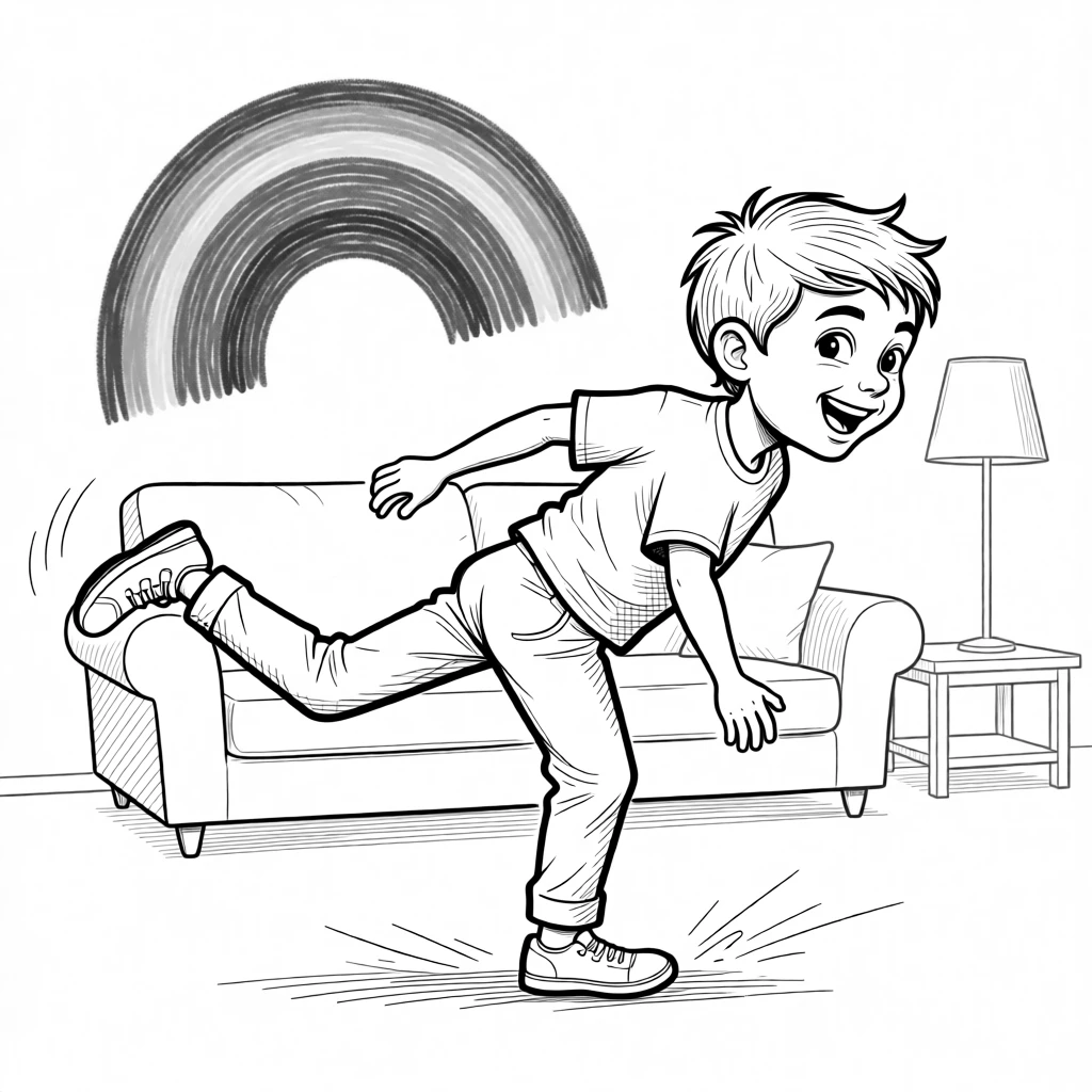 A kid mid-cartwheel that goes slightly sideways, steering wildly with both feet dragging as brakes, set in a living room turned imaginary rocket ship. A crayon rainbow is taped crookedly to the wall. The scene captures the wild imagination only kids have.