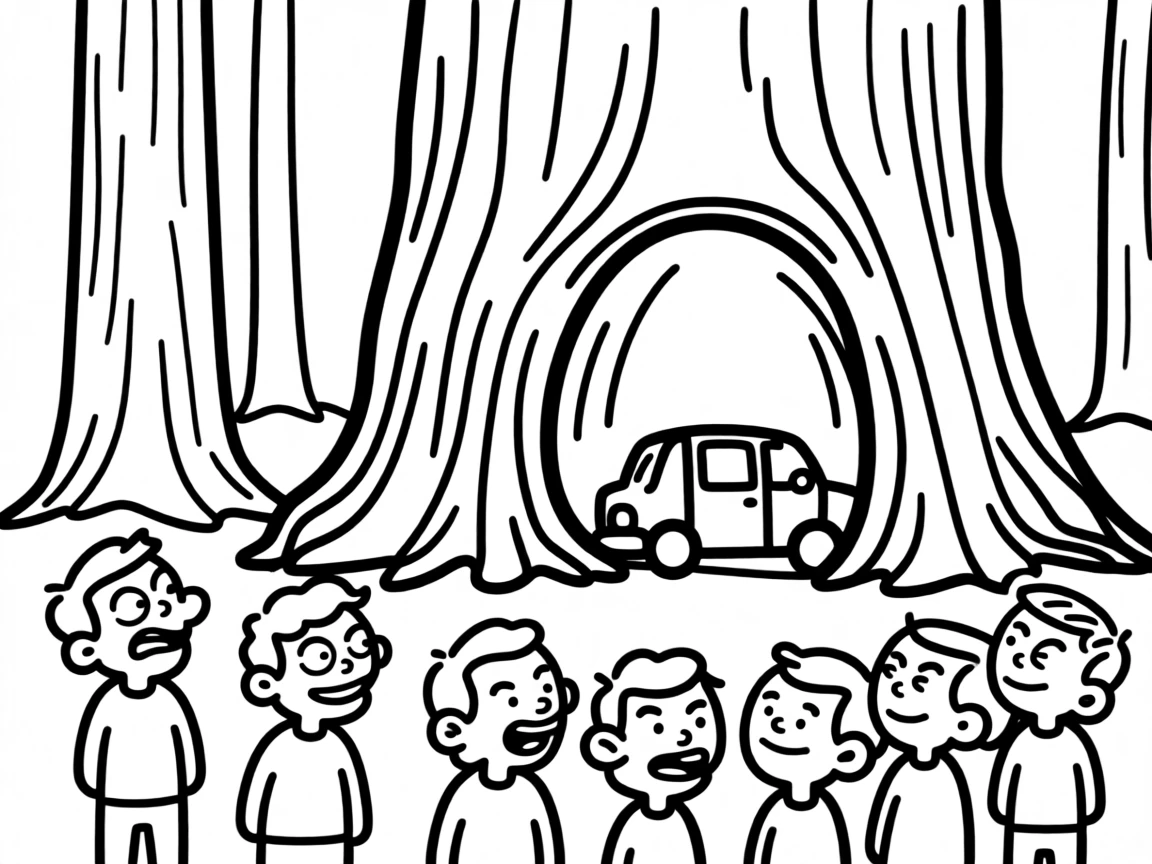 A group marveling at ancient sequoia trees so massive a car could drive through the trunk.