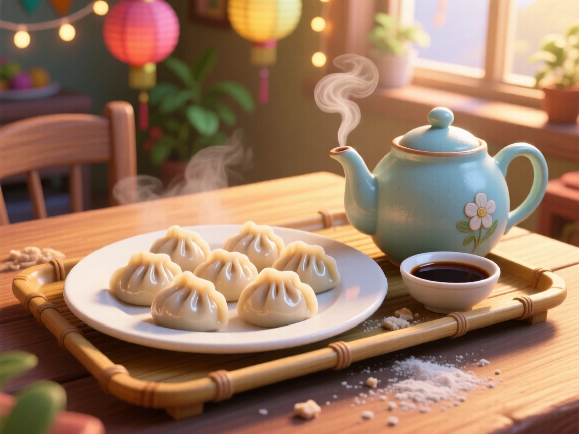 A plate of dumplings with dipping sauce sits on a tray beside a steaming teapot, with a few crumbs scattered artfully around. The mood is festive and appetizing.