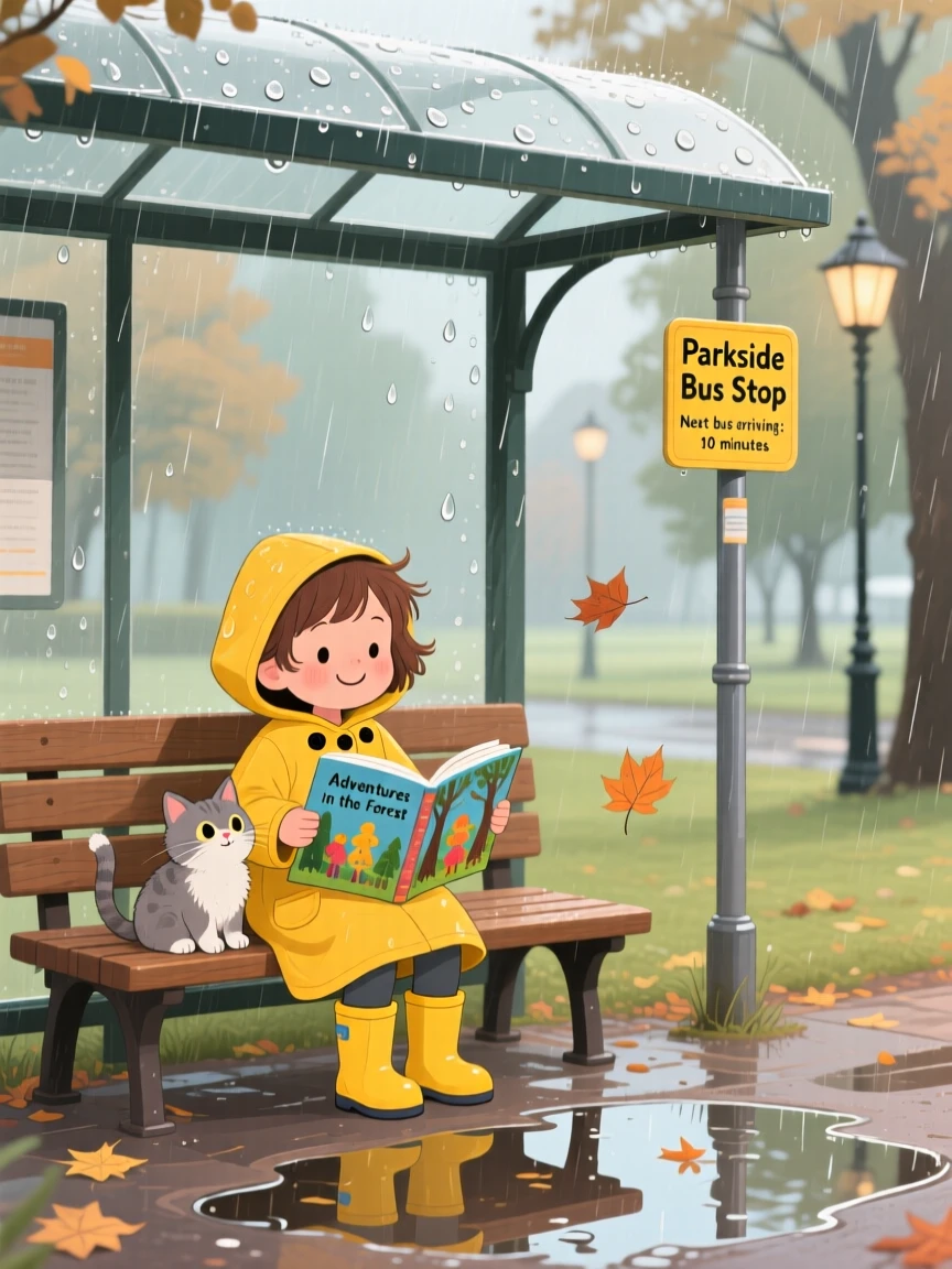A child and a stray kitten share a tender moment reading together on a park bench in a rainy bus stop, while a soft breeze carries away any worry.