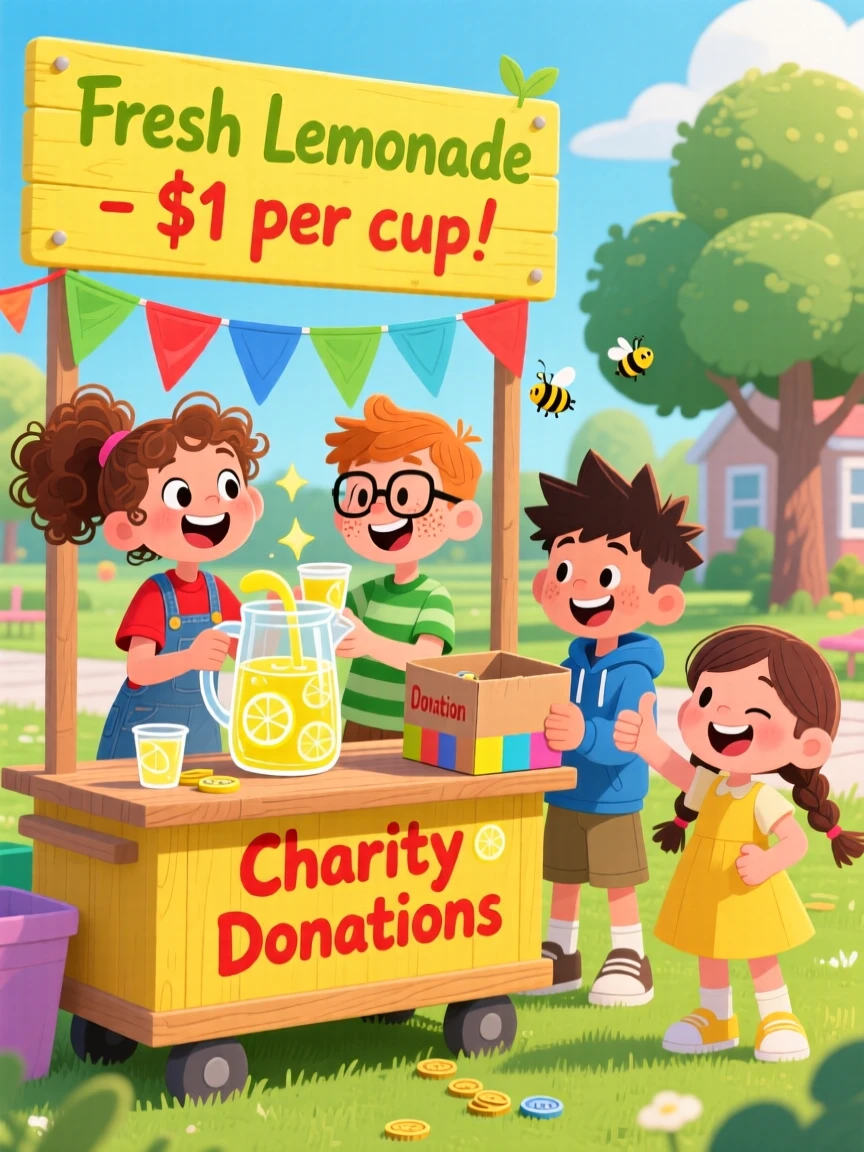 A group of kids organizing a lemonade stand to raise money for charity.