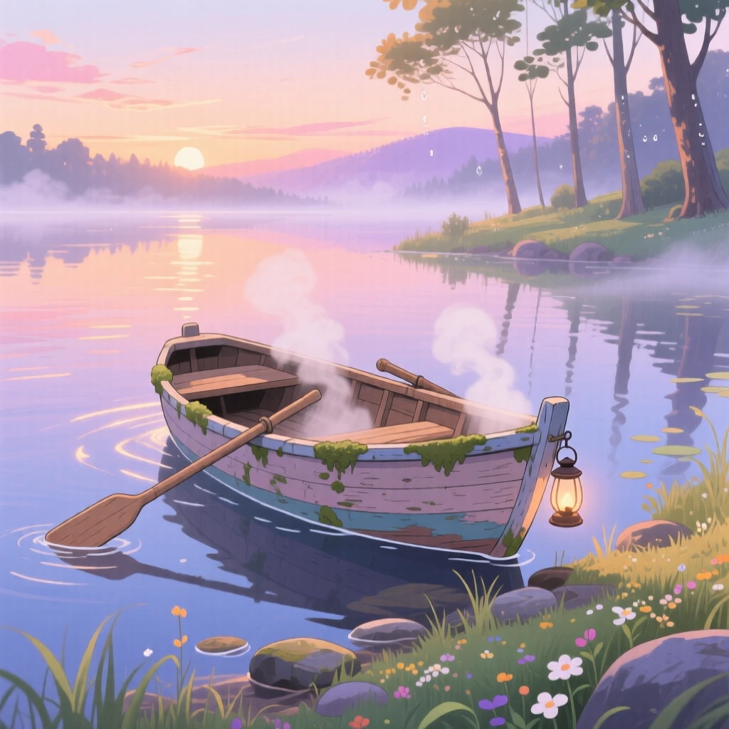 A charming scene of a rowboat resting on the shore of a quiet lake at dawn, with steam and light trailing behind it.