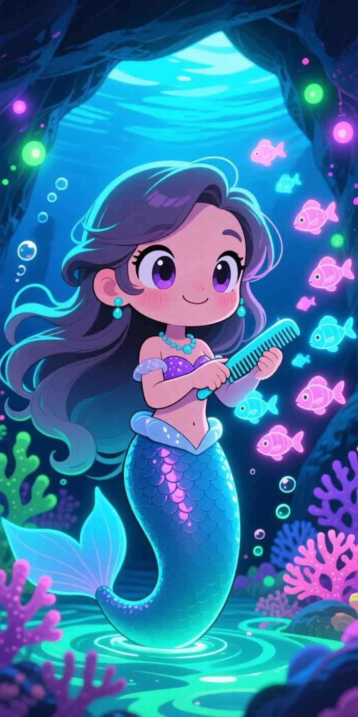 In a bioluminescent underwater cave, a mermaid princess is combing a school of glowing fish like pets during a light summer breeze, bathed in neon-lit glow, expression full of warm affection. Shot as a waist-up portrait.