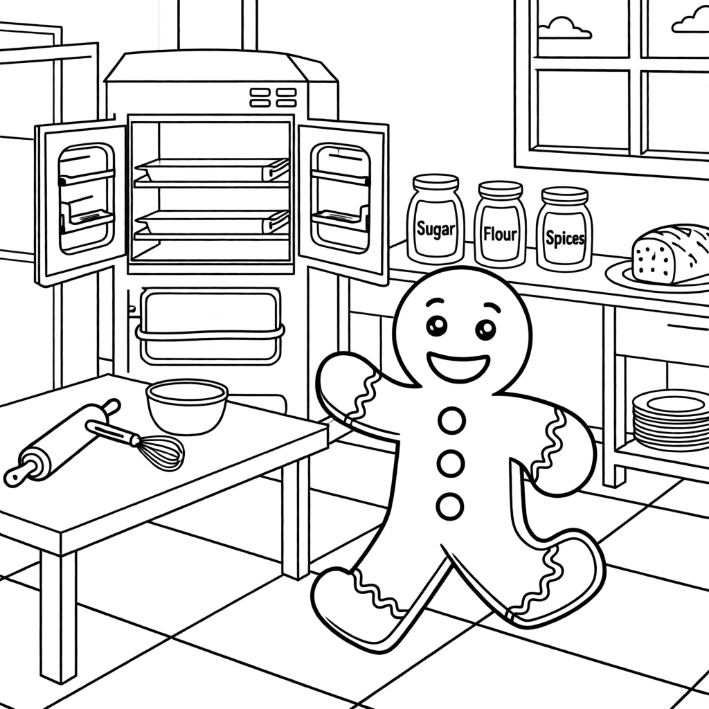 A gingerbread man running through a bakery kitchen