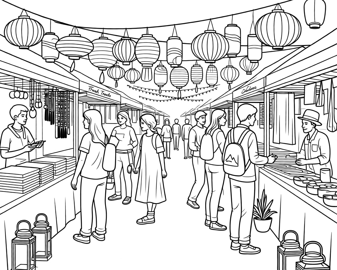 A crowded night market lit by hanging paper lanterns, with locals and travelers strolling nearby.