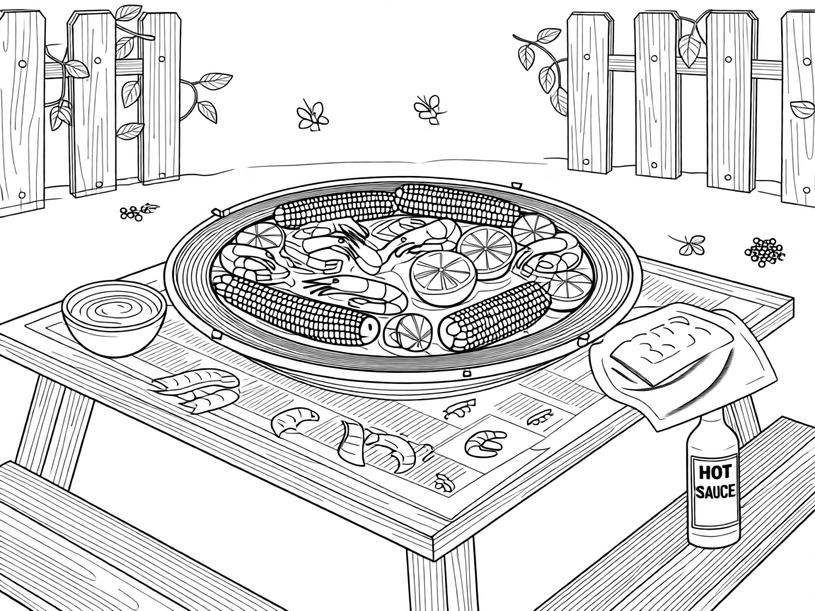 A cozy shrimp boil scene spread across newspaper on a picnic table.