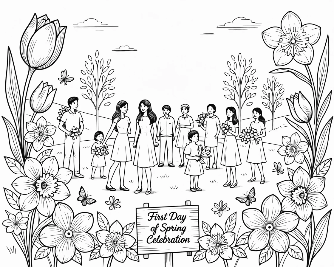 A first day of spring celebration with blooming flowers