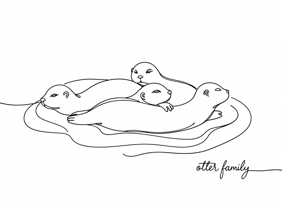 A family of otters floating together on their backs in a calm river current