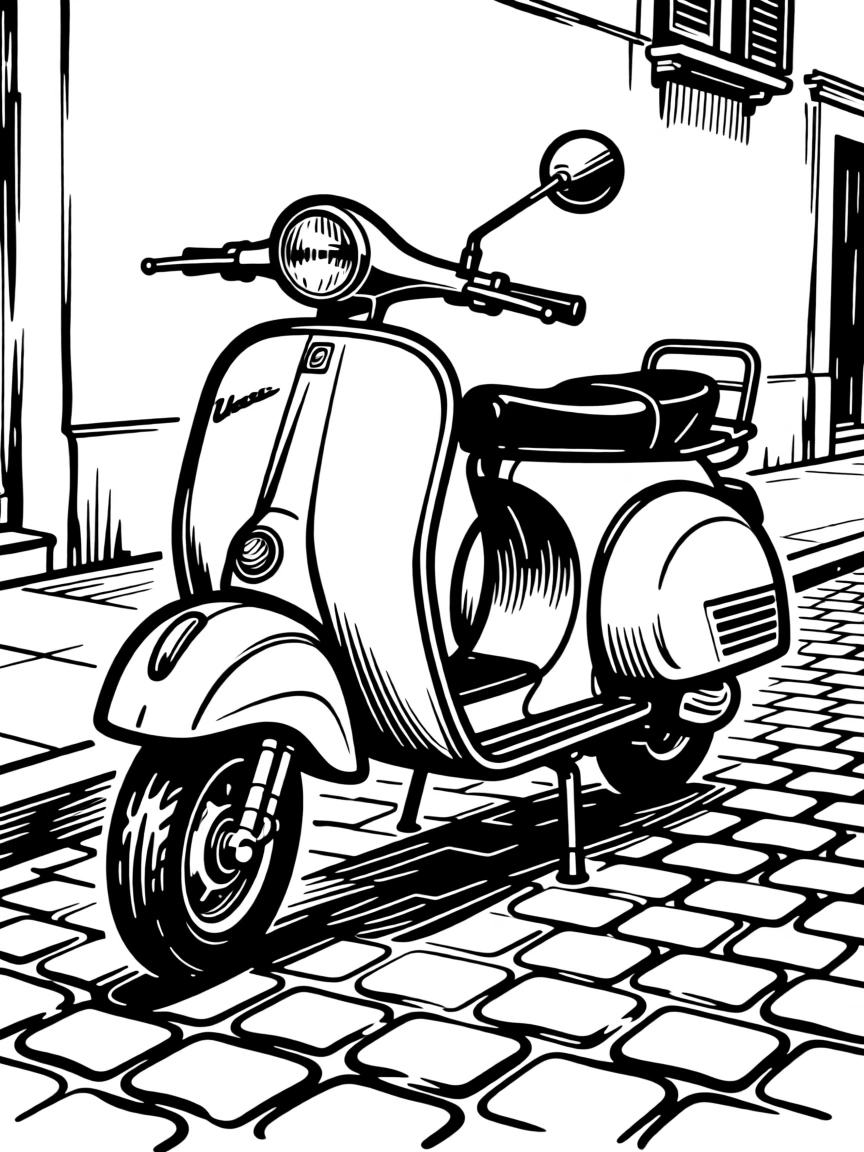 A classic Vespa scooter parked on a cobblestone Italian street.