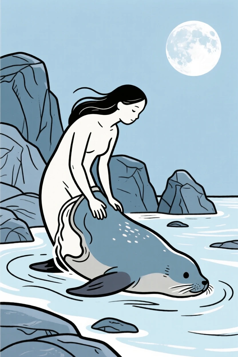 A selkie shedding her seal skin on a moonlit rocky shore.