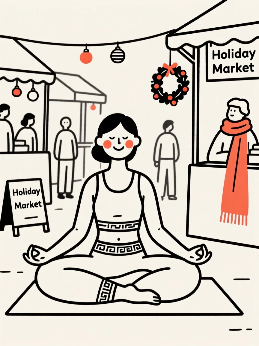 A yoga of greek heritage instructor in meditation pose, smiling shyly, at a bustling holiday market.