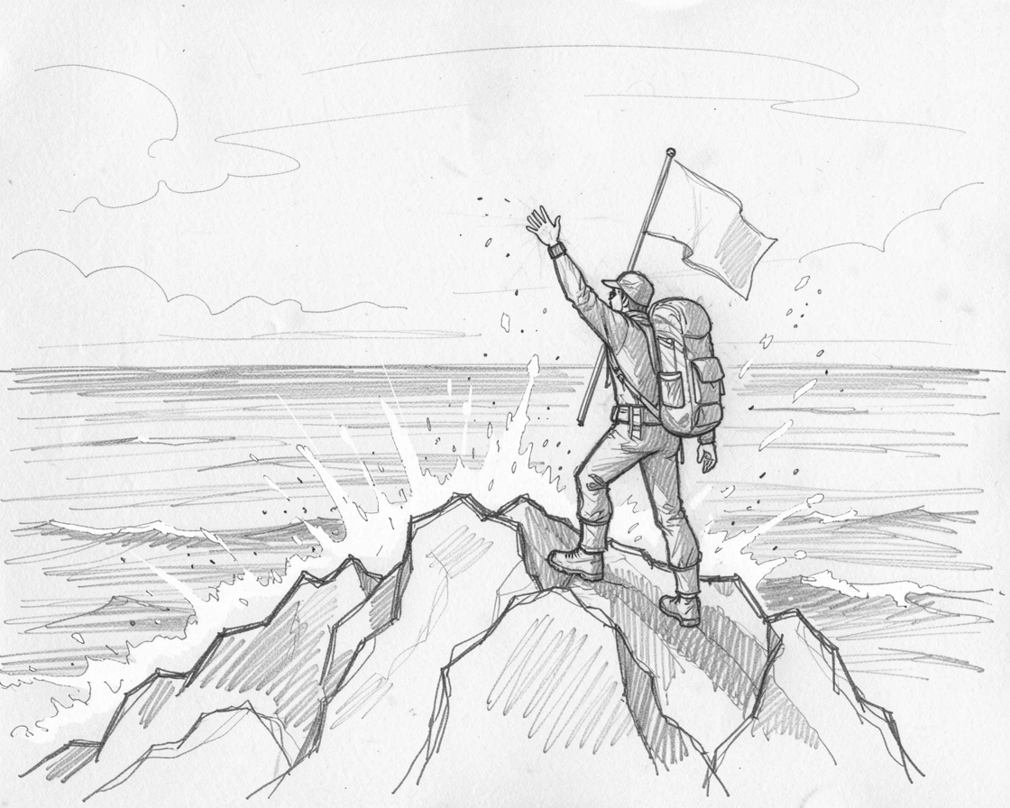 An energetic scene of a hiker reaching a mountain summit on an open ocean horizon, with spray catching the sunlight.