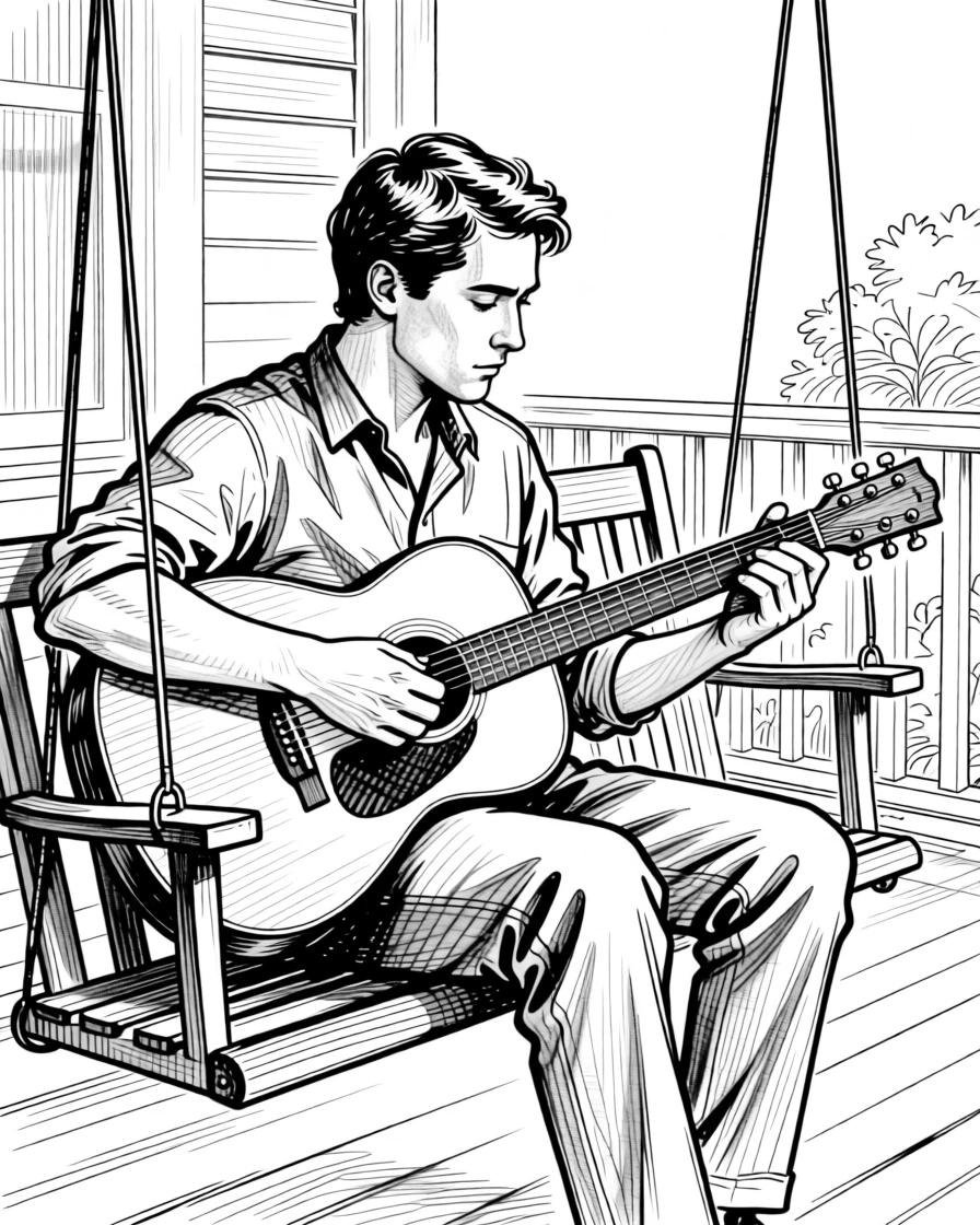 A man tuning his guitar quietly on a porch swing.