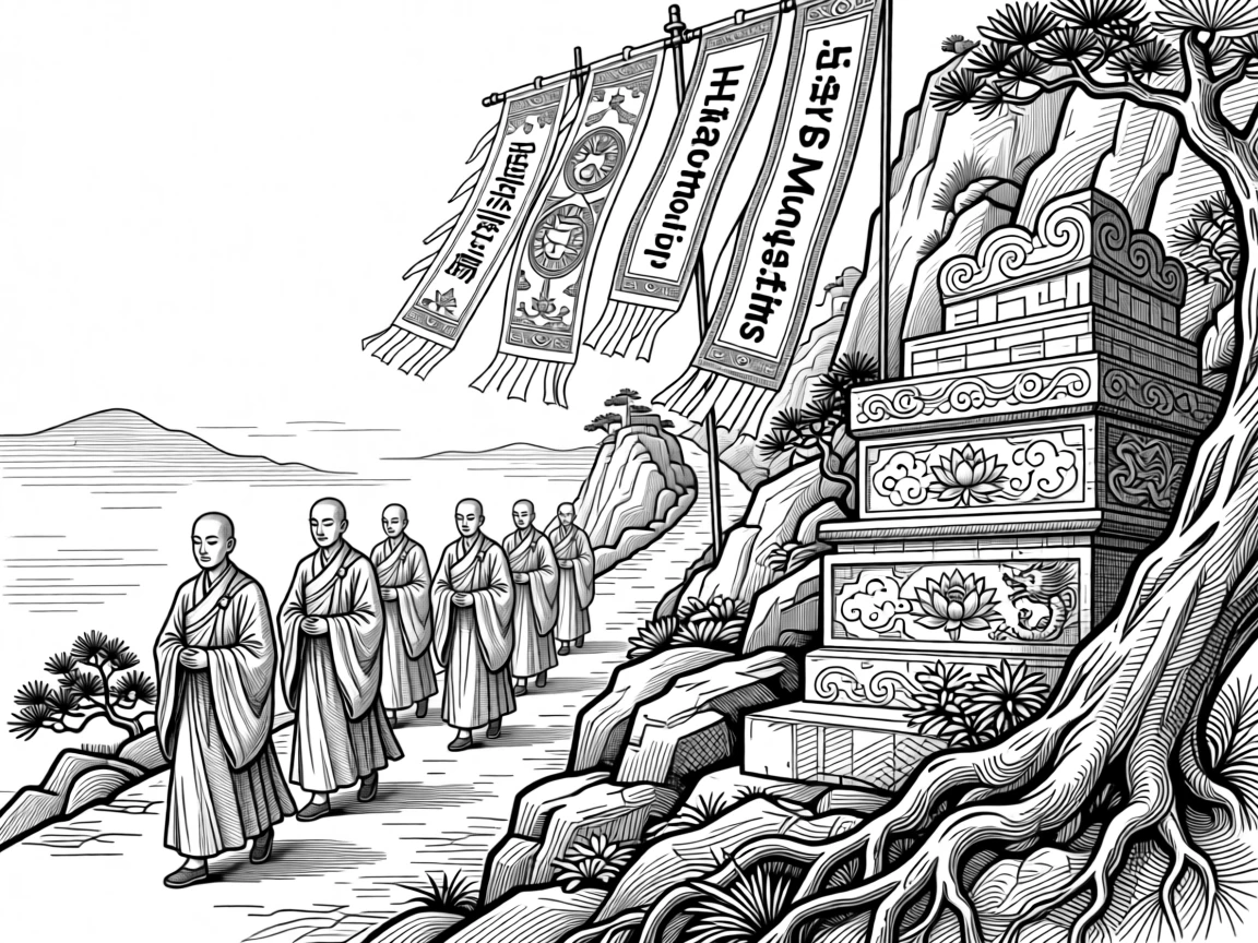 A group of monks walking a mountain path under banners fluttering in the wind, with ornate carvings adorning nearby structures, portrayed in a vibrant with cultural pride historical scene.