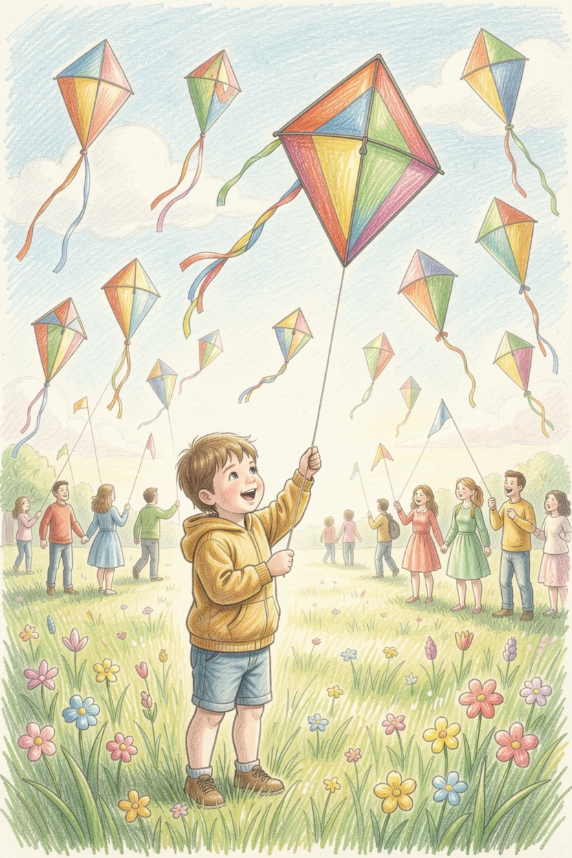 A springtime kite festival with colorful kites filling the sky, framed thoughtfully to draw the eye toward the central subject, full of charm, emotion, and visual delight.
