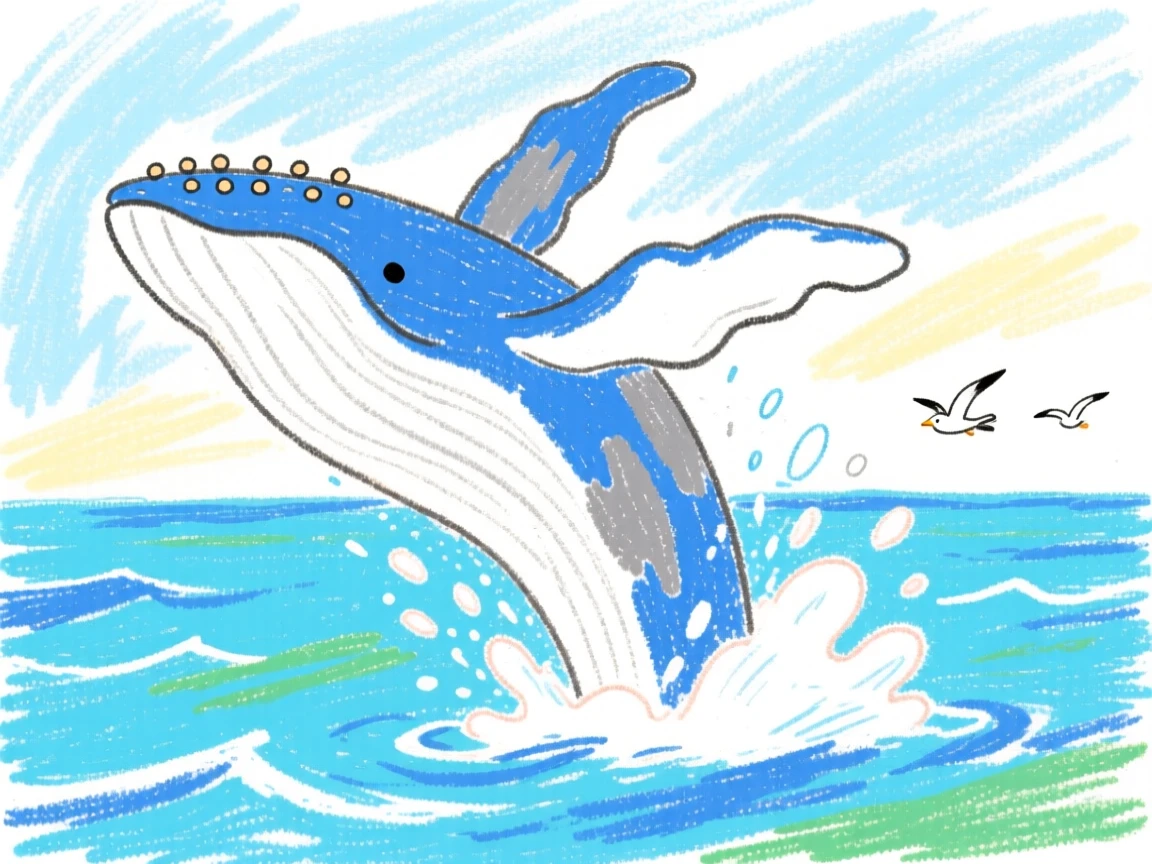 A humpback whale breaching above the open ocean surface.
