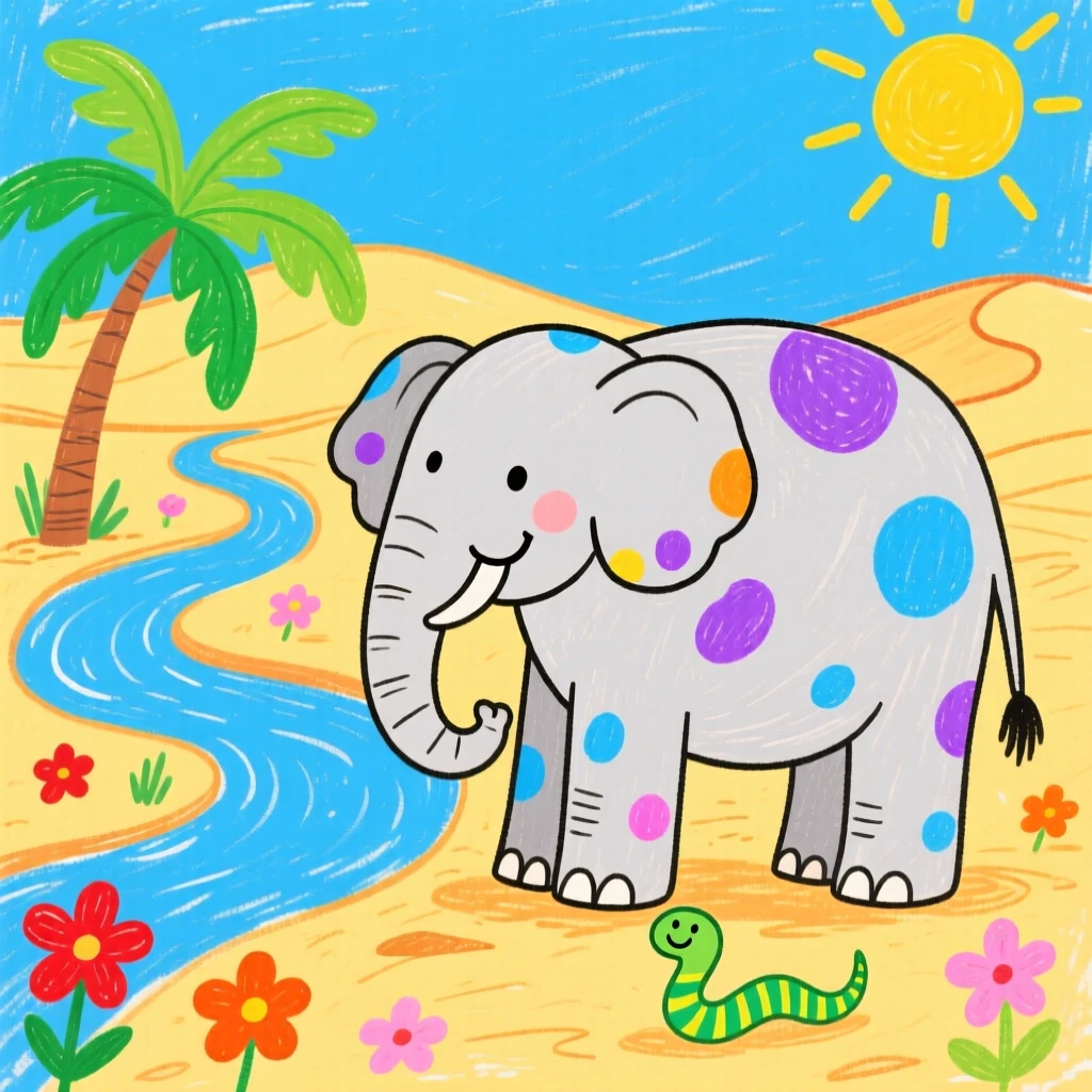 A majestic elephant near a winding desert oasis.