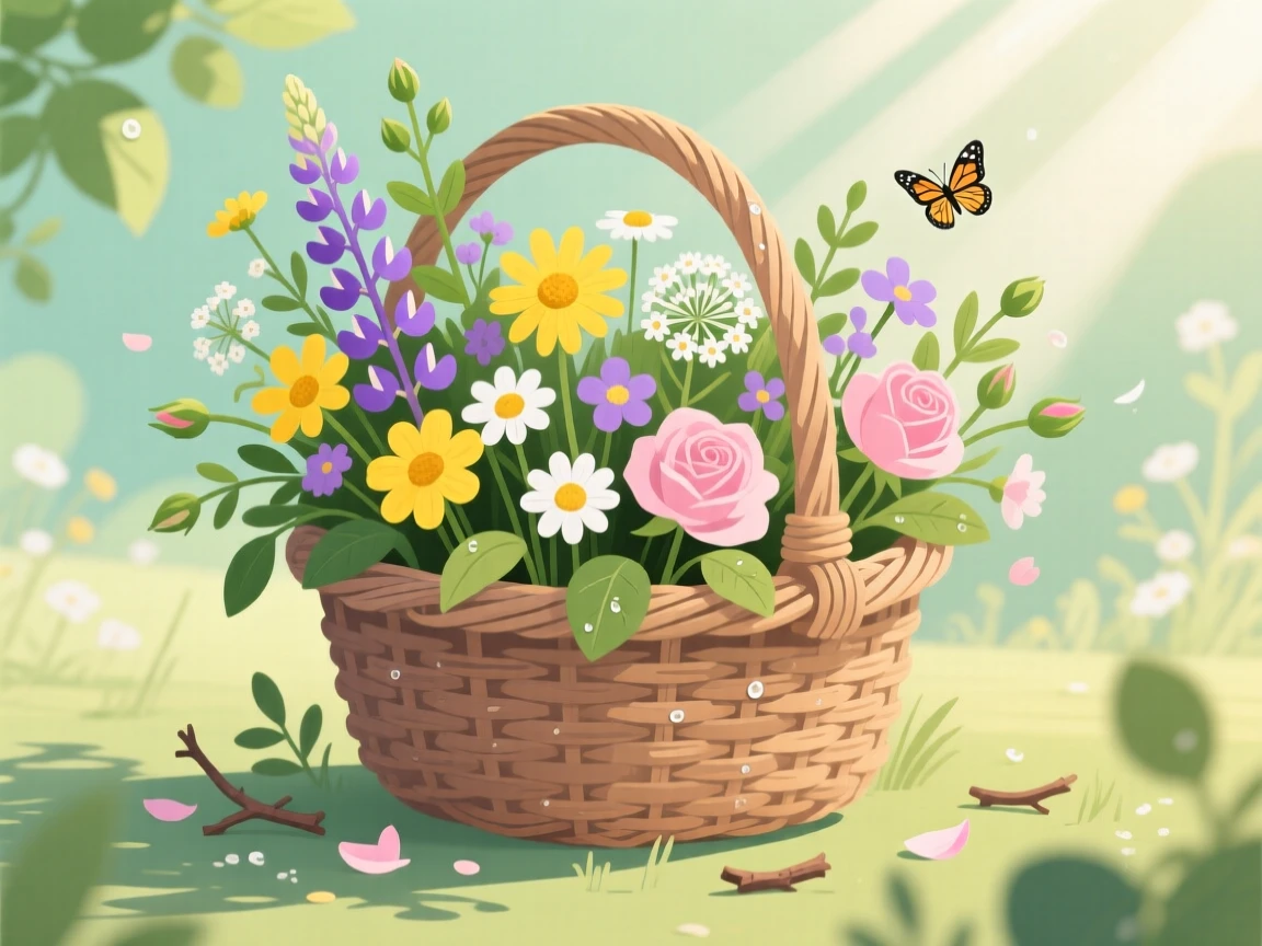 A basket of freshly cut wildflowers gathered in early summer, surrounded by the fresh atmosphere of the changing season, framed to highlight the freshness of the season, with charming small details that evoke the season perfectly.