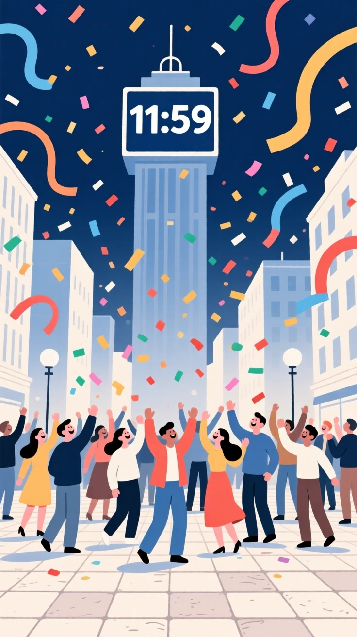 A New Year celebration with confetti and streamers filling a city plaza.