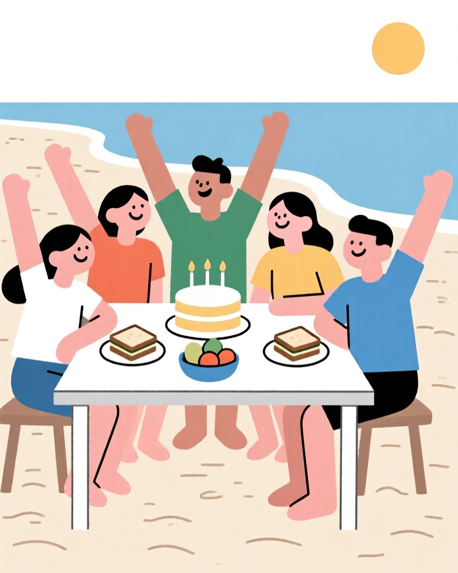 Friends gathered for a birthday party in a beachside gathering, surrounded by a table of festive food, radiating triumphant joy.