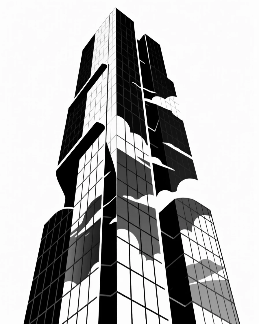 A towering modern skyscraper reflecting the sky.