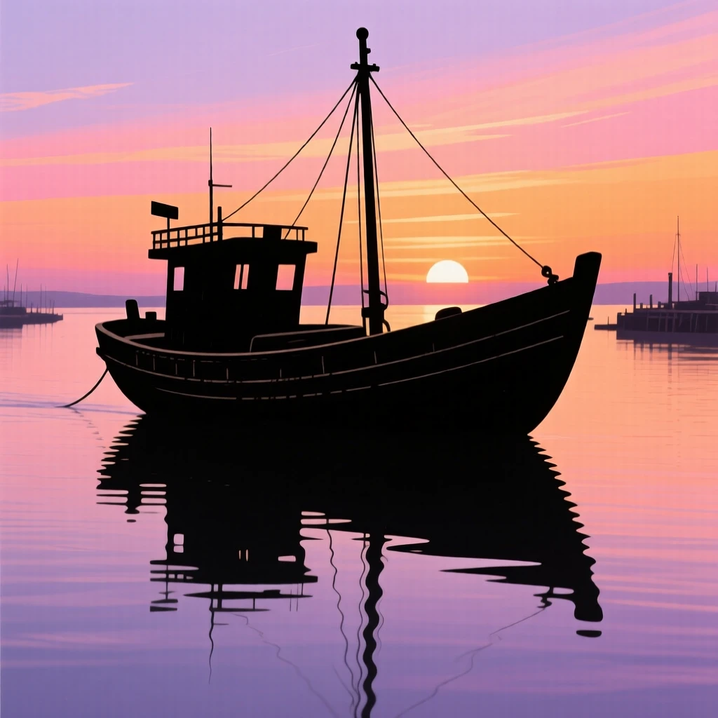 A traditional wooden fishing boat gliding across a calm harbor at sunrise.
